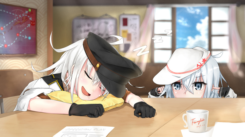 absurdres bad_id bad_pixiv_id black_gloves blue_eyes blue_sky chair closed_eyes commentary_request cup day drooling fancyark flat_cap gangut_(kantai_collection) gloves hair_between_eyes hammer_and_sickle hat hibiki_(kantai_collection) highres indoors jacket_on_shoulders kantai_collection long_hair map military military_hat military_jacket military_uniform multiple_girls naval_uniform open_mouth open_window paper peaked_cap pillow plugging_ears remodel_(kantai_collection) school_uniform serafuku silver_hair sky sleeping smile snoring star table uniform verniy_(kantai_collection) white_hair window zzz