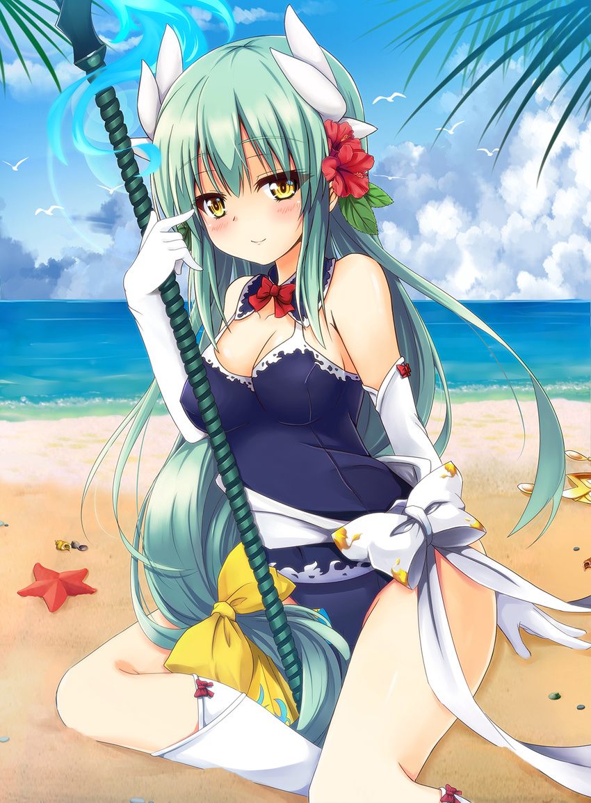 arm_support beach bird blue_swimsuit blush bow breasts cleavage cloud cloudy_sky day detached_collar elbow_gloves eyebrows_visible_through_hair fate/grand_order fate_(series) floating_hair flower gloves green_hair guhua67 hair_between_eyes hair_bow hair_flower hair_ornament hibiscus highres kiyohime_(fate/grand_order) kiyohime_(swimsuit_lancer)_(fate) long_hair looking_at_viewer medium_breasts ocean one-piece_swimsuit outdoors red_bow red_flower sideboob sitting sky smile solo swimsuit very_long_hair white_gloves white_legwear yellow_bow yellow_eyes