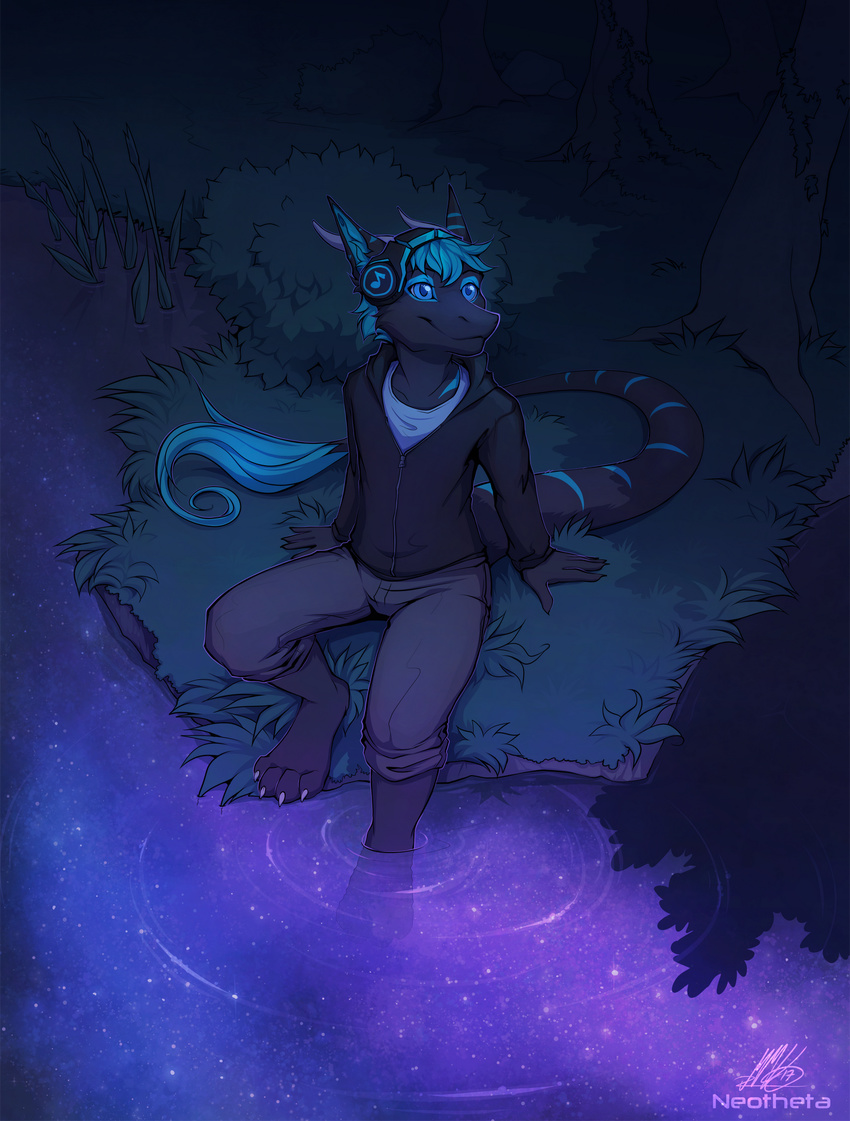 2017 4_toes anthro barefoot blue_hair clothed clothing digital_media_(artwork) digitigrade grass hair headphones male neotheta partially_submerged reflection sitting sky smile solo star starry_sky toes unknown_species water