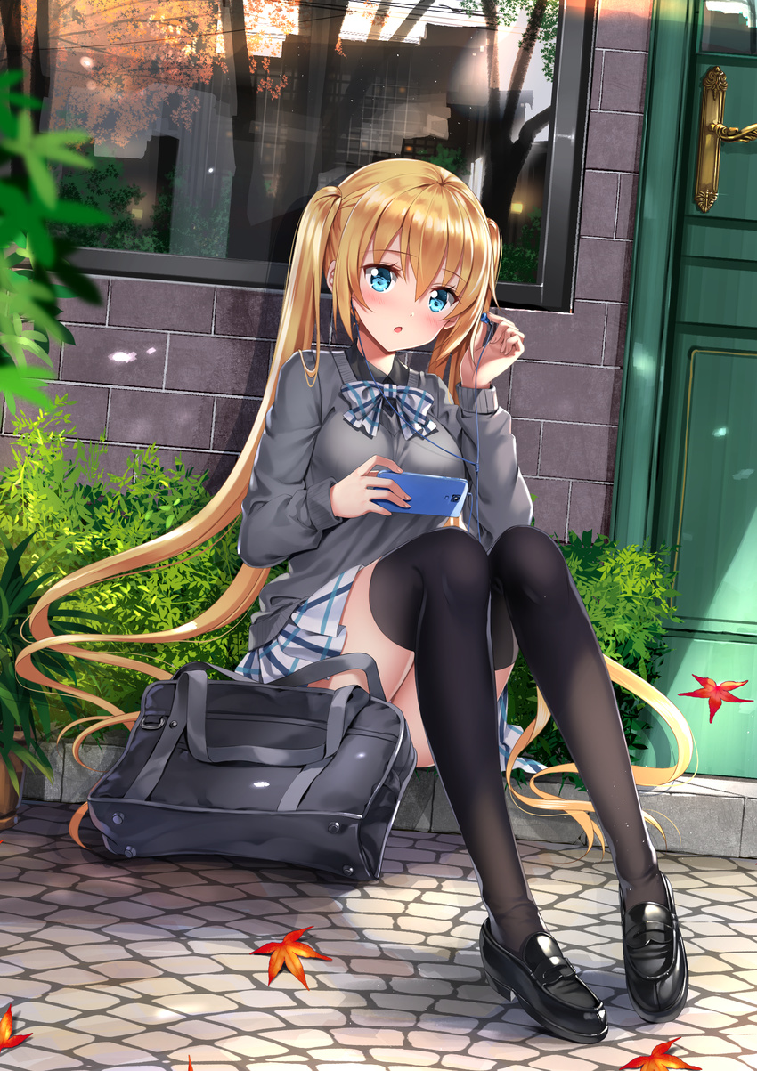 :o absurdres autumn_leaves bag bangs black_footwear black_legwear black_shirt blend_s blonde_hair blue_eyes blush bookbag bow bowtie brick_wall bush cellphone chestnut_mouth collared_shirt commentary_request day door dutch_angle earbuds earphones eyebrows_visible_through_hair fingernails full_body grey_sweater hair_between_eyes highres hinata_kaho holding holding_cellphone holding_phone leaf loafers long_hair long_sleeves looking_at_viewer maple_leaf on_ground outdoors parted_lips pavement phone pigeon-toed plaid plaid_neckwear plaid_skirt pleated_skirt reflection school_bag school_uniform shiny_footwear shirt shoes sidelocks single_earphone_removed sitting skirt smartphone solo sweater swordsouls thighhighs twintails very_long_hair window