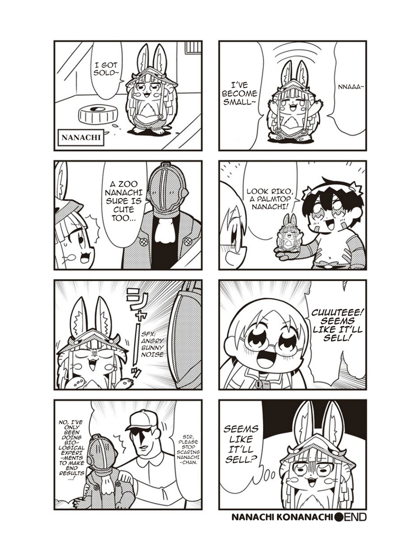 4koma adu_(artist) anthro armor bondrewd clothed clothing comic cute helmet humanoid humor lagomorph machine made_in_abyss mammal micro nanachi open_mouth parody rabbit regu riko_(made_in_abyss) robot size_difference style_parody topless young