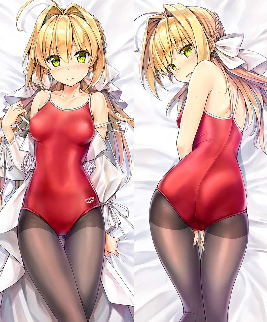 ahoge alternate_color_school_swimsuit arena_(company) ass bangs between_legs black_legwear blush bow braid brand_name_imitation breasts clothes_writing collarbone commentary_request competition_school_swimsuit covered_nipples cowboy_shot crown_braid dakimakura dress earrings embarrassed eyebrows_visible_through_hair fate/grand_order fate_(series) flower from_above from_behind hair_intakes hairband hand_between_legs highres jewelry kotatsu_(kotatsu358) long_hair looking_at_viewer looking_back lying messy_hair multiple_views nero_claudius_(fate)_(all) nero_claudius_(swimsuit_caster)_(fate) nose_blush on_back on_stomach one-piece_swimsuit open_mouth pantyhose pantyhose_under_swimsuit puffy_sleeves raised_eyebrows red_swimsuit rose school_swimsuit small_breasts strapless strapless_dress sweat swimsuit thigh_gap undressing wavy_mouth white_bow white_flower white_rose