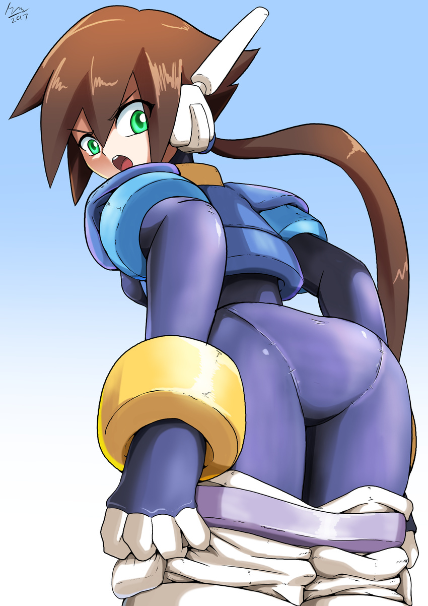 absurdres aile ass bodysuit breasts brown_hair commentary_request gloves green_eyes highres long_hair pantylines ponytail rockman rockman_zx rockman_zx_advent shorts shoutaro_saito skin_tight solo spandex undressing