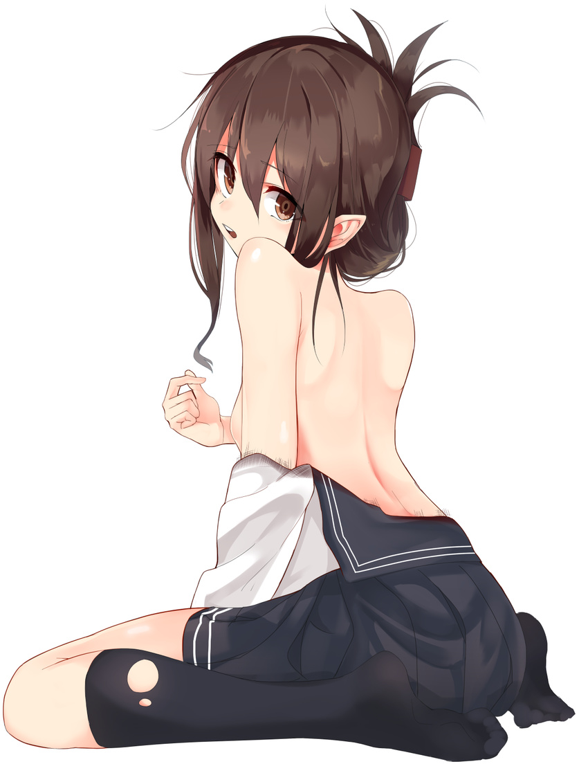 black_skirt blouse brown_eyes brown_hair clothes_pull folded_ponytail from_side full_body highres inazuma_(kantai_collection) kantai_collection kneehighs long_sleeves looking_at_viewer looking_back pleated_skirt pointy_ears school_uniform serafuku shirousa simple_background sitting skirt solo teeth topless wariza white_background white_blouse white_legwear