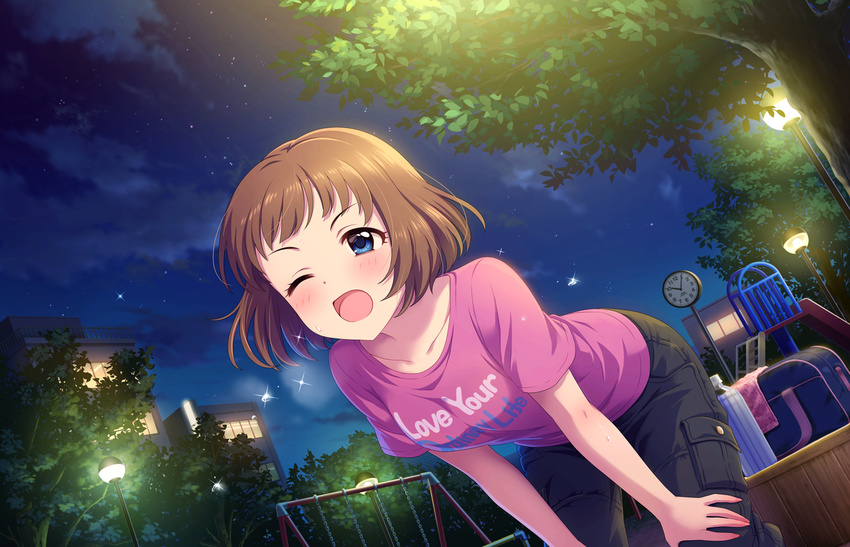 artist_request bag bangs blue_eyes bob_cut bottle brown_hair building clock clothes_writing collarbone idolmaster idolmaster_cinderella_girls idolmaster_cinderella_girls_starlight_stage kudou_shinobu looking_at_viewer night night_sky official_art one_eye_closed open_mouth outdoors pants park playground shirt short_hair short_sleeves sky solo sweat swing t-shirt tired towel tree water_bottle