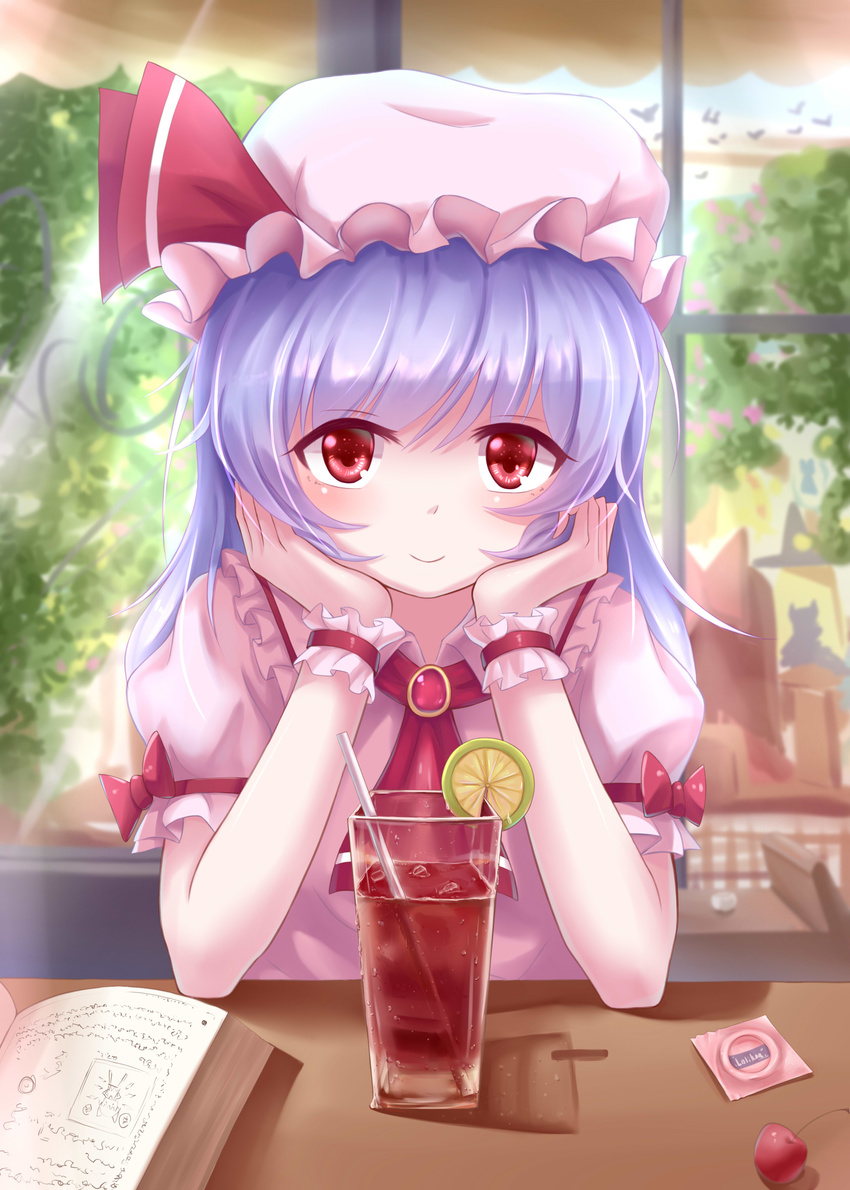 absurdres blue_hair blurry blurry_background book bow cameo cherry chin_rest cirno condom condom_wrapper drinking_straw elbows_on_table food frills fruit hakurei_reimu hat highres iced_tea indoors kirisame_marisa kuroneko_(hmilk) lime_slice looking_at_viewer open_book pov_across_table pov_dating puffy_short_sleeves puffy_sleeves red_eyes remilia_scarlet ribbon short_hair short_sleeves smile solo_focus table touhou window