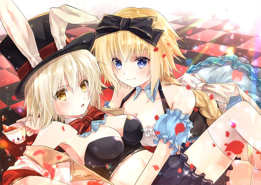 alice_(wonderland) alice_(wonderland)_(cosplay) alice_in_wonderland alternate_costume animal_ears blonde_hair blue_eyes braid breasts bunny_ears checkered checkered_floor cleavage commentary cosplay cup dual_persona fake_animal_ears fate/grand_order fate_(series) hat holding iroha_(shiki) jeanne_d'arc_(alter)_(fate) jeanne_d'arc_(fate) jeanne_d'arc_(fate)_(all) long_hair looking_at_viewer lying medium_breasts multiple_girls navel on_stomach parted_lips petals shorts silver_hair single_braid smile tea teacup thighhighs top_hat white_rabbit white_rabbit_(cosplay) yellow_eyes zettai_ryouiki