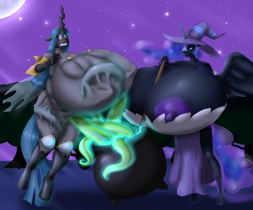 anthro big_breasts blues64 blush breasts cauldron changeling equine female friendship_is_magic horn huge_breasts hyper hyper_breasts magic_user mammal marauder6272 my_little_pony nightmare_moon_(mlp) nipples queen_chrysalis_(mlp) tentacles winged_unicorn wings witch