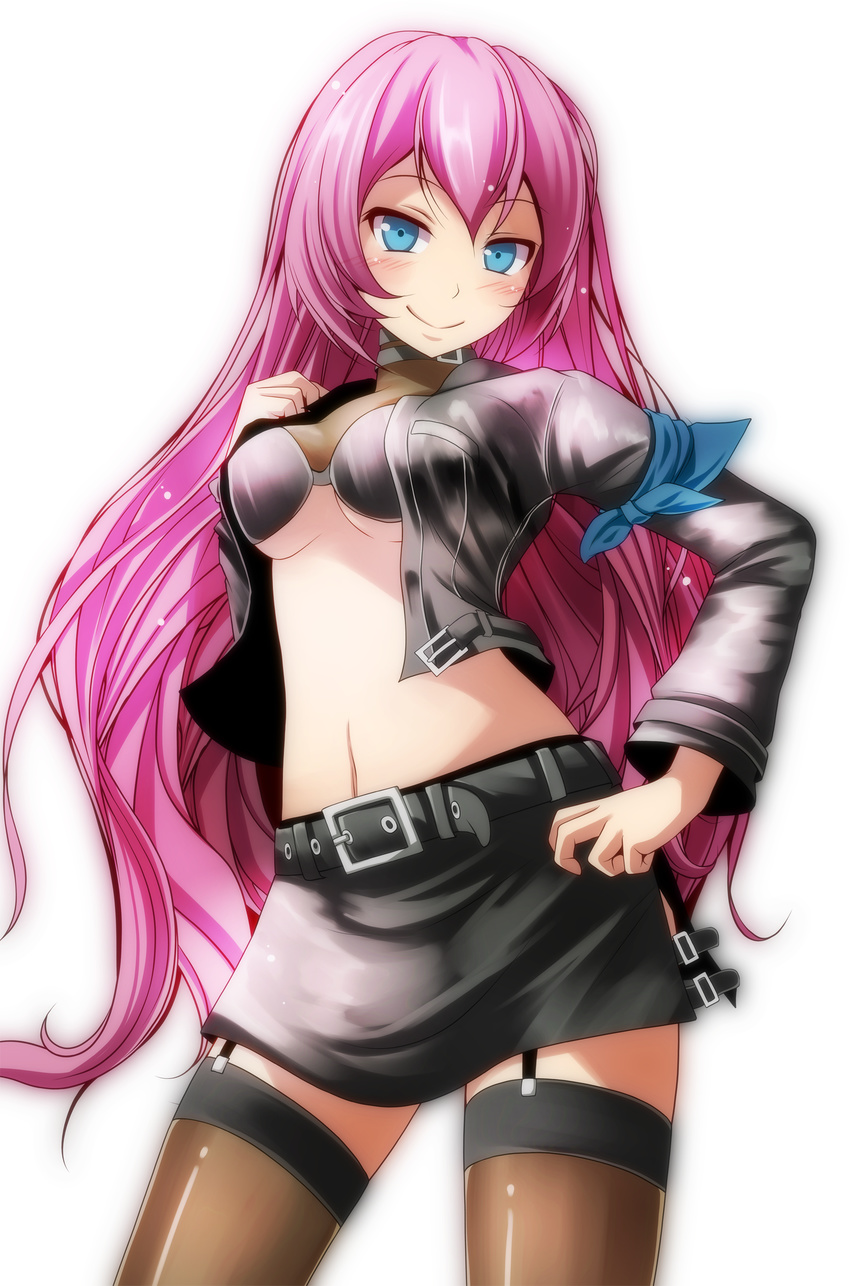 absurdres bad_id bad_pixiv_id belt black_choker blue_eyes blush breasts choker cowboy_shot hand_on_hip hard_rock_(module) highres long_hair long_sleeves looking_at_viewer medium_breasts megurine_luka miniskirt navel pink_hair project_diva_(series) project_diva_2nd skirt smile solo thighhighs tsukishiro_saika vocaloid