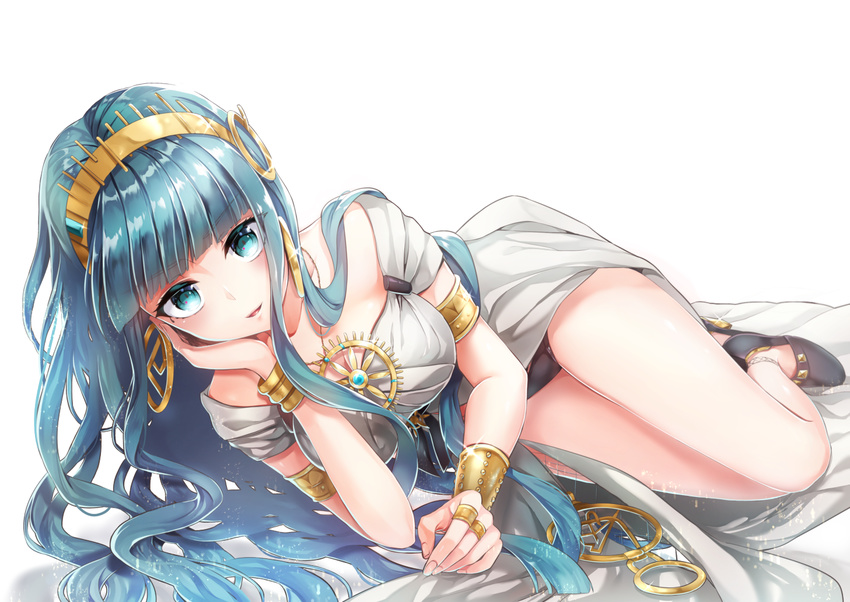 amulet ankle_garter aqua_eyes aqua_hair arm_support armlet bangs bare_legs bare_shoulders belly_peek black_panties blunt_bangs bracelet breasts cleopatra_(fate/grand_order) commentary curled_up dress earrings eyebrows_visible_through_hair eyelashes eyeliner eyes_visible_through_hair fate/grand_order fate_(series) full_body glint hairband hand_on_own_cheek hane_yuki head_rest high_heels hoop_earrings jewelry large_breasts light_particles long_hair looking_at_viewer lying makeup mascara necklace on_side open_clothes open_dress panties pantyshot pantyshot_(lying) ring shoes simple_background smile solo strapless strapless_dress turquoise_(stone) underwear very_long_hair wavy_hair white_background wrist_cuffs