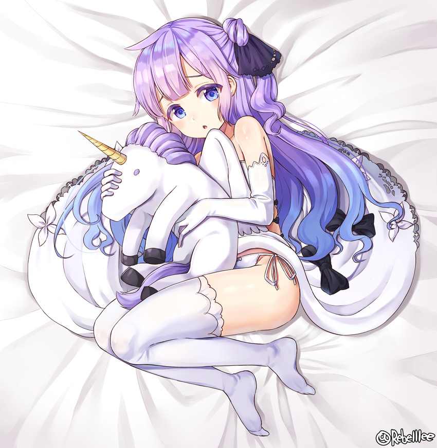:o absurdres azur_lane bangs bed_sheet blue_eyes blue_hair blunt_bangs blush commentary_request dress elbow_gloves eyebrows_visible_through_hair full_body gloves gradient_hair highres long_hair looking_at_viewer lying multicolored_hair object_hug on_side open_mouth panties purple_hair rangen side-tie_panties side_bun sidelocks solo stuffed_unicorn thighhighs thighs twitter_username underwear unicorn_(azur_lane) wavy_hair white_dress white_gloves white_legwear white_panties