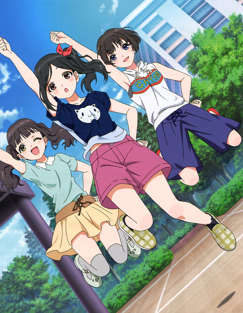 :d :o ;d absurdres arm_up atsugi_itsuka black_hair blue_eyes blue_shirt blue_shorts blue_sky brown_eyes brown_hair building collarbone day dutch_angle eyebrows_visible_through_hair green_eyes grey_legwear hair_ribbon hand_on_hip hayashi_ayumi highres jumping looking_at_viewer miniskirt morishima_otome multiple_girls one_eye_closed open_mouth outdoors pink_shorts red_ribbon ribbon shirt short_hair short_sleeves shorts side_ponytail skirt sky smile sweater sweater_vest thighhighs twintails wake_up_girls! white_sweater yellow_skirt