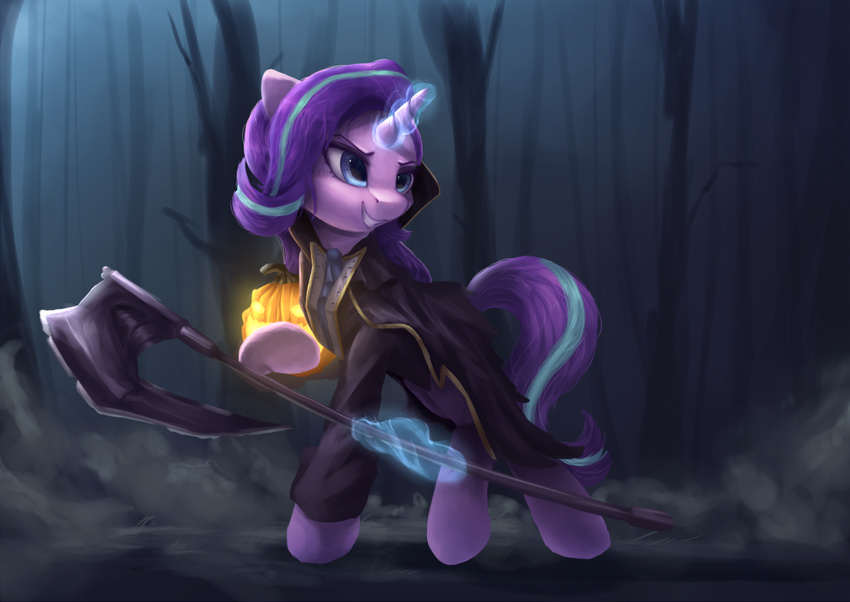2017 clothed clothed_feral clothing equine feral forest friendship_is_magic glowing grin hair horn magic mammal multicolored_hair my_little_pony outside smile solo starlight_glimmer_(mlp) tree two_tone_hair unicorn vanillaghosties weapon