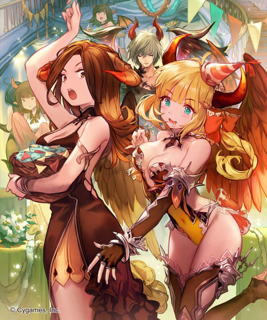 1boy 2girls bangs blonde_hair blue_eyes blush bow braid breasts brown_eyes brown_hair cake character_request cleavage covered_navel demon_girl dress elbow_gloves eyebrows_visible_through_hair feathered_wings fingerless_gloves food fruit gloves hair_bow hand_up hat high_heels highres horn_bell horn_ornament horns large_breasts lee_hyeseung leotard multiple_girls official_art open_mouth party party_hat purple_eyes red_bow shingeki_no_bahamut smile strawberry string_of_flags thighhighs watermark wide-eyed wings
