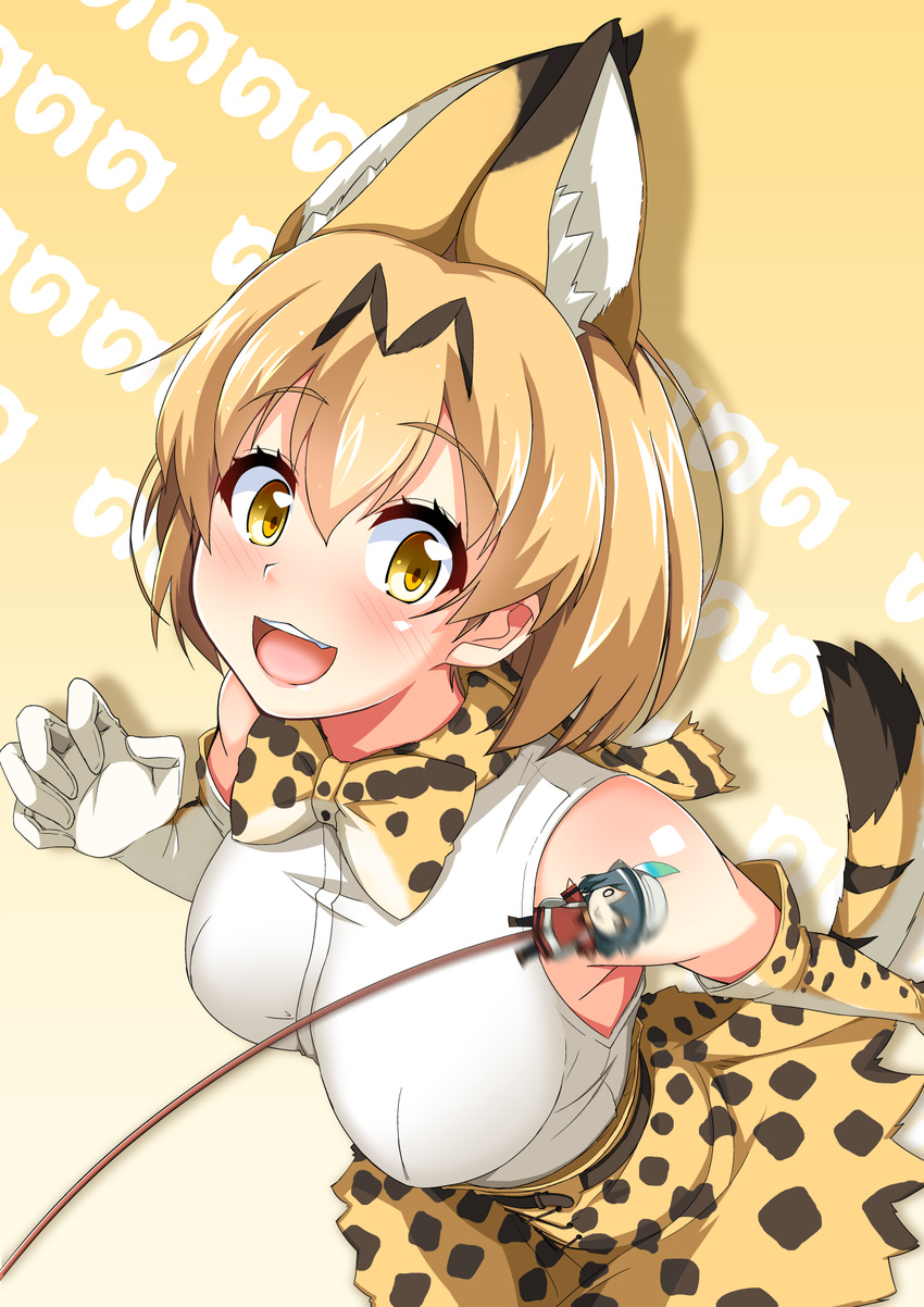 :&gt; animal_ears blush bow bowtie breasts cla_(torinabe) elbow_gloves eyebrows_visible_through_hair from_above gloves high-waist_skirt highres japari_symbol kaban_(kemono_friends) kemono_friends large_breasts looking_at_viewer minigirl multiple_girls o_o open_mouth print_gloves print_neckwear print_skirt serval_(kemono_friends) serval_ears serval_print serval_tail shirt skirt sleeveless sleeveless_shirt solo_focus striped_tail tail upper_body yellow_eyes