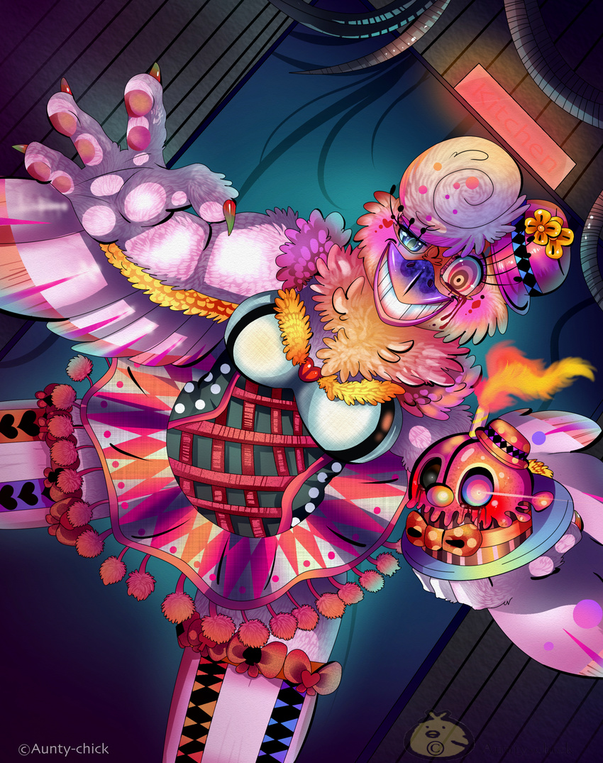 2017 absurd_res animatronic anthro avian bird blood bow_tie breasts chica_(fnaf) chicken clothing cupcake_(fnaf) digital_media_(artwork) feathers female five_nights_at_freddy's fur glowing glowing_eyes hat hi_res hiyoko looking_at_viewer machine pink_fur robot sister_location smile video_games