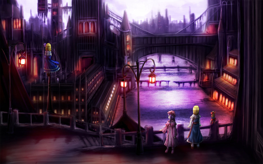 aihashi_i alice_margatroid alice_margatroid_(pc-98) bad_id bad_pixiv_id blonde_hair blue_sky bridge building capelet city city_lights cloud crescent dress from_behind hairband hat hat_ornament lamppost long_hair long_sleeves looking_afar looking_at_another makai_(touhou) mob_cap multiple_girls patchouli_knowledge pink_dress pink_footwear purple_hair purple_sky ribbon river scenery shanghai_doll shirt short_hair skirt sky stairs suspender_skirt suspenders time_paradox tiptoes touhou white_shirt wind