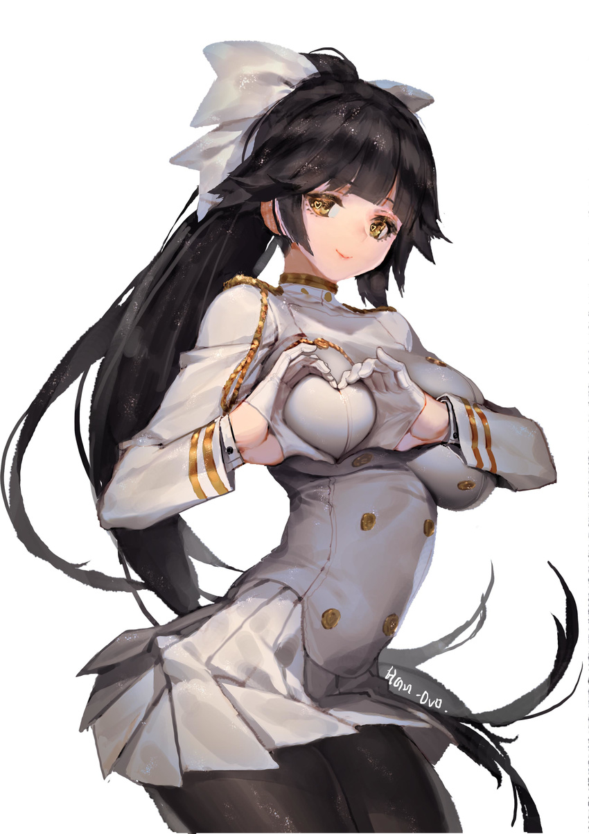 absurdres aiguillette arched_back artist_name azur_lane bangs black_hair black_legwear bow breasts closed_mouth commentary_request contrapposto cowboy_shot epaulettes from_side gloves hair_bow hair_flaps half_gloves han-0v0 heart heart-shaped_boob_challenge heart-shaped_pupils highres large_breasts long_hair long_sleeves looking_at_viewer military military_uniform miniskirt pantyhose ponytail simple_background skirt smile solo standing symbol-shaped_pupils takao_(azur_lane) tareme uniform very_long_hair white_background white_bow white_gloves white_skirt yellow_eyes