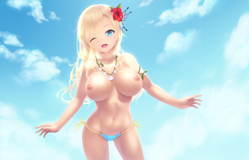 ;d absurdres aqua_eyes bad_id bad_yandere_id bikini_bottom blonde_hair blue_bikini_bottom blue_sky blush boku_wa_tomodachi_ga_sukunai breasts cait cloud collarbone day fang flower hair_flower hair_ornament hibiscus highres huge_filesize jewelry kashiwazaki_sena large_breasts long_hair looking_at_viewer navel necklace nipples ocean one_eye_closed open_mouth outdoors paid_reward patreon_reward shell_necklace side-tie_bottom sky smile solo swimsuit topless