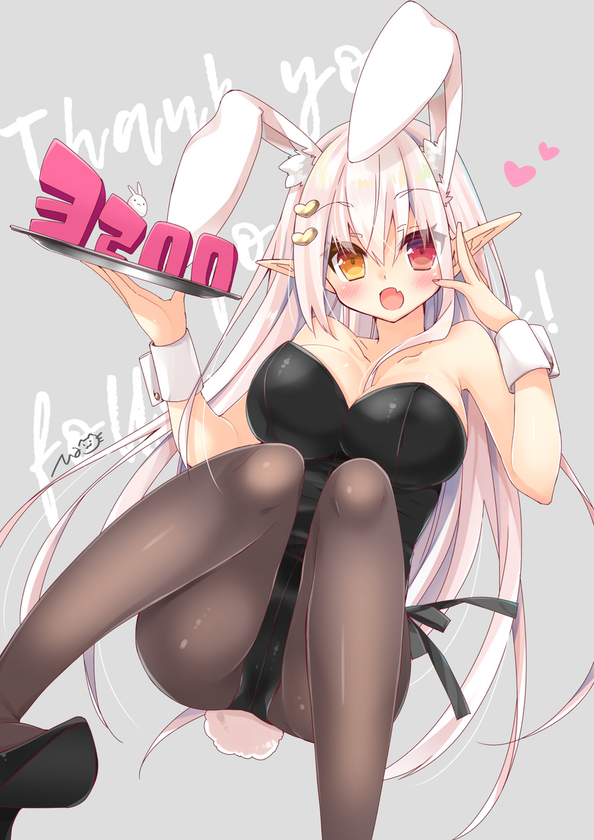animal_ears bangs bare_shoulders black_legwear black_leotard blush breasts brown_eyes bunny_ears bunny_girl bunny_tail bunnysuit collarbone fang hair_ornament heart heart_hair_ornament heterochromia highres large_breasts leotard long_hair looking_at_viewer mao_(alepricos) open_mouth original pantyhose pink_eyes pink_hair pointy_ears solo tail tray very_long_hair wrist_cuffs