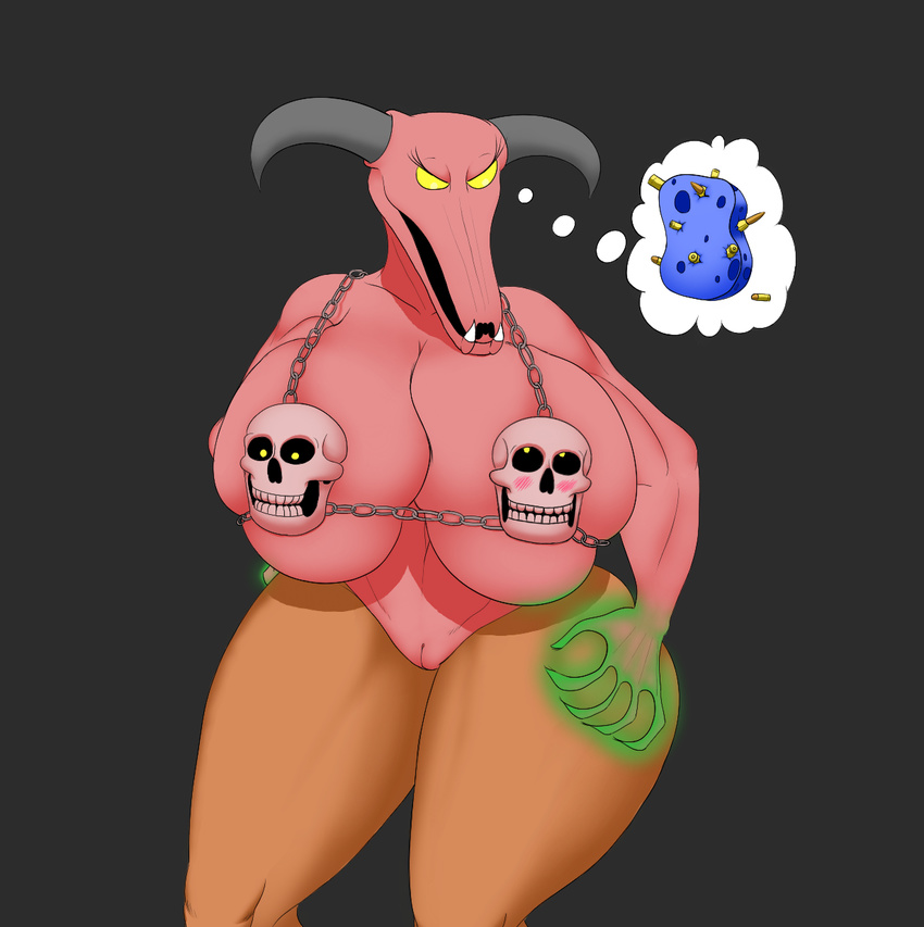 baron_of_hell big_breasts big_butt bioluminescence blush bra breasts brown_fur bullet butt butt_grab chain clothing demon doom eyelashes female fur glowing hand_on_butt herroverdober horn huge_breasts navel pink_skin pussy skull solo sponge teeth thick_thighs thought_bubble underwear video_games voluptuous