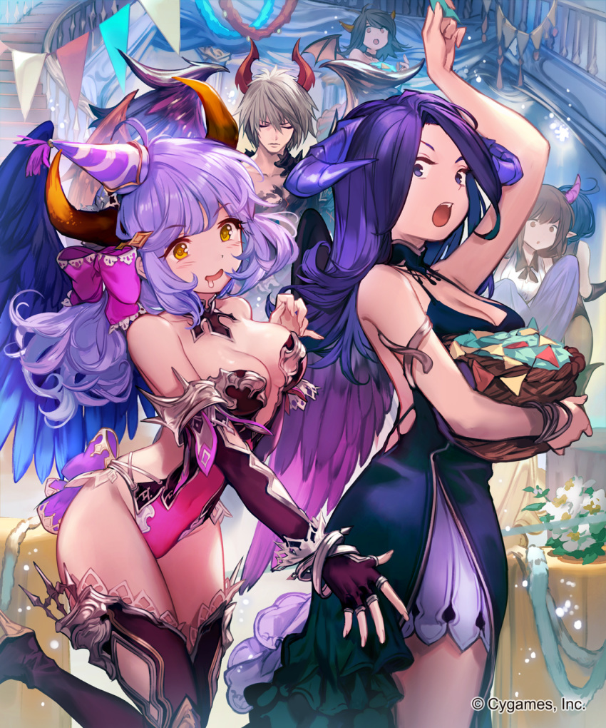 1boy 2girls bangs blush bow breasts brown_eyes brown_hair cake character_request cleavage covered_navel demon_girl dress elbow_gloves eyebrows_visible_through_hair feathered_wings fingerless_gloves food fruit gloves hair_bow hand_up hat high_heels highres horn_bell horn_ornament horns large_breasts lee_hyeseung leotard multiple_girls official_art open_mouth party party_hat purple_eyes purple_hair shingeki_no_bahamut smile strawberry string_of_flags thighhighs watermark wide-eyed wings yellow_eyes