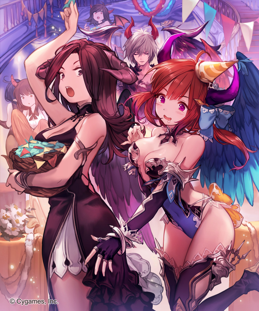 1boy 2girls bangs blush bow breasts brown_eyes brown_hair cake character_request cleavage covered_navel demon_girl dress elbow_gloves eyebrows_visible_through_hair feathered_wings fingerless_gloves food fruit gloves hair_bow hand_up hat high_heels highres horn_bell horn_ornament horns large_breasts lee_hyeseung leotard multiple_girls official_art open_mouth party party_hat purple_eyes shingeki_no_bahamut smile strawberry string_of_flags thighhighs watermark wide-eyed wings