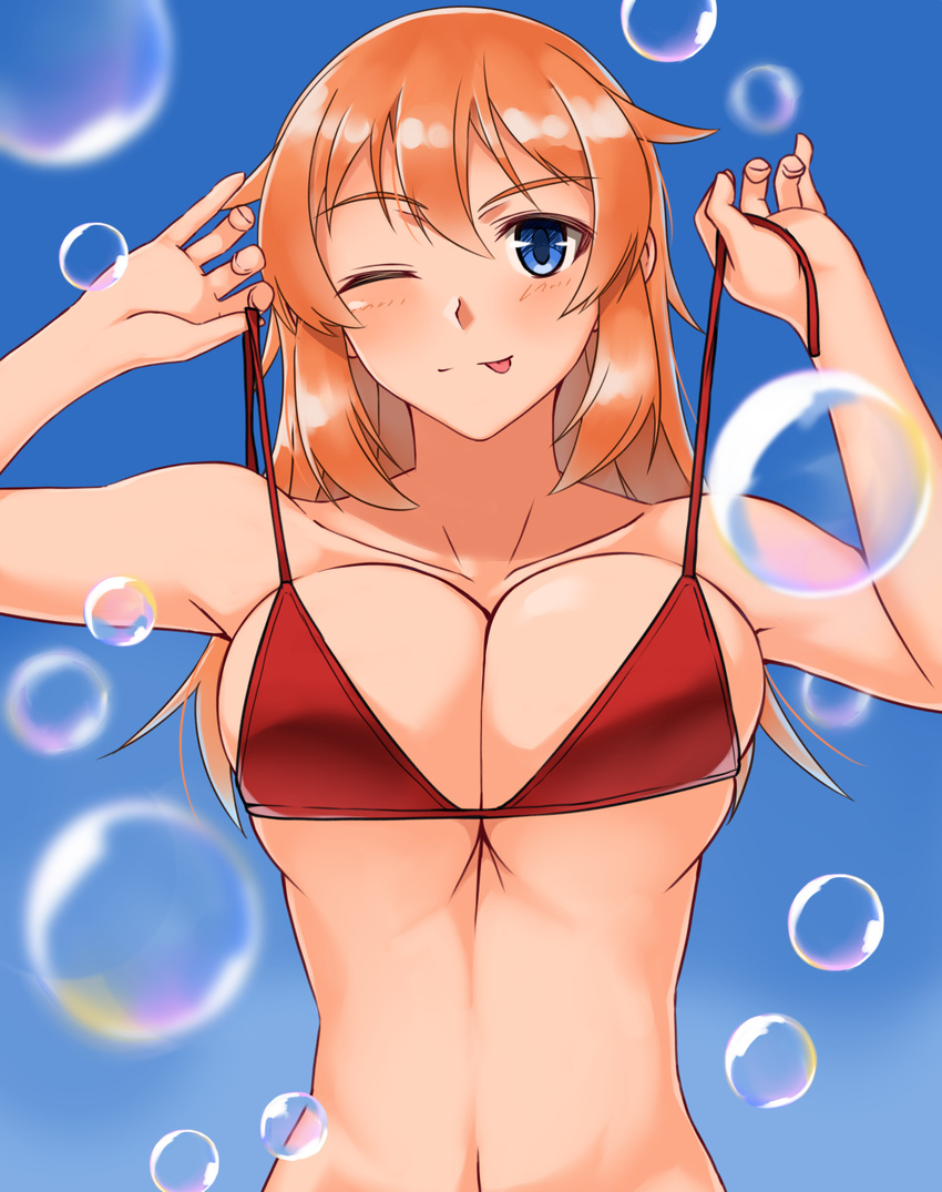 bikini bikini_lift blue_eyes blush breasts brown_hair bubble charlotte_e_yeager collarbone day highres hiroshi_(hunter-of-kct) large_breasts navel one_eye_closed red_bikini sky smile solo strike_witches swimsuit swimwear tongue world_witches_series