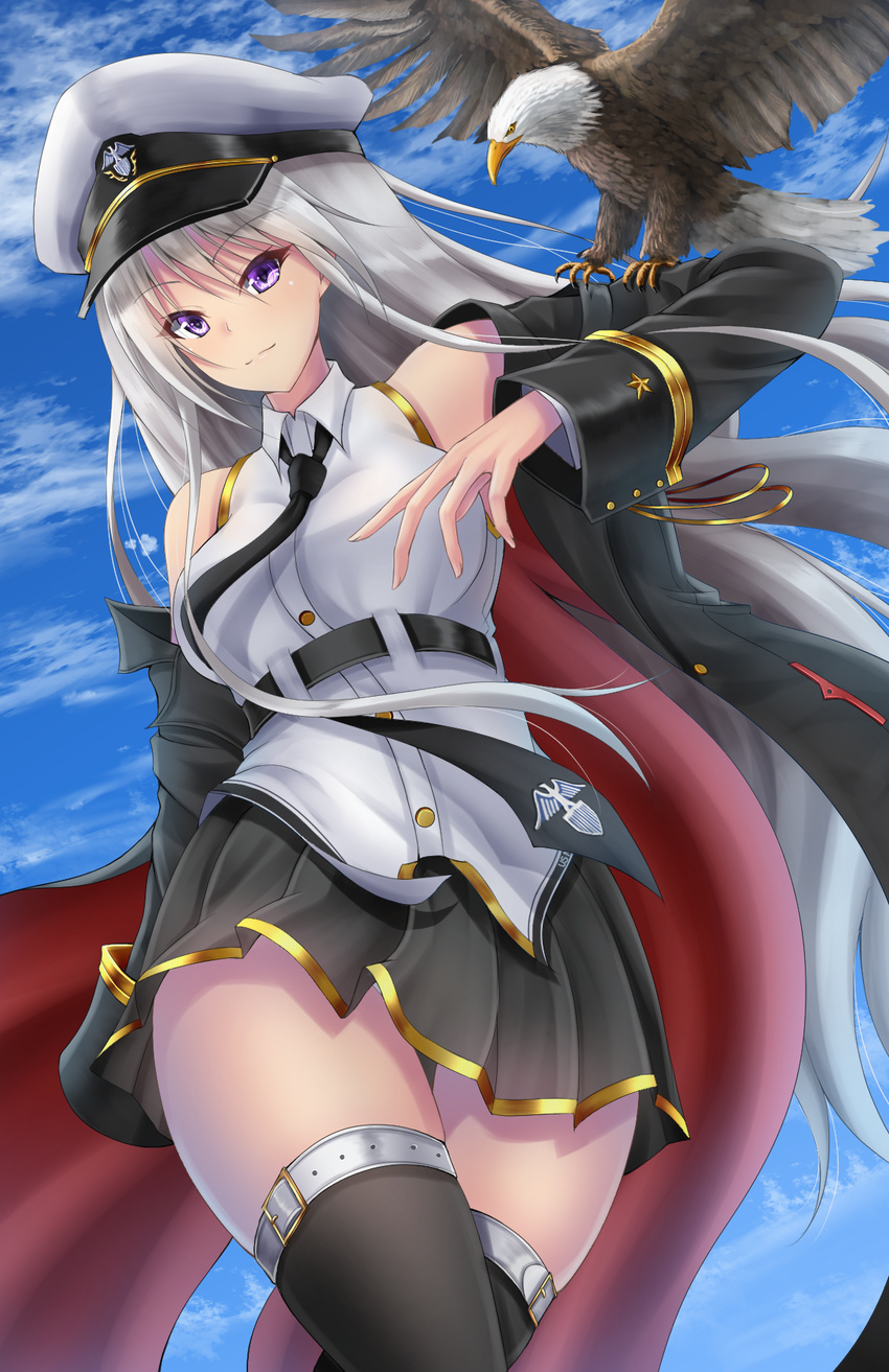 animal animal_on_arm azur_lane bald_eagle bangs bare_shoulders belt belt_buckle bird black_belt black_coat black_legwear black_neckwear black_skirt blue_sky breasts buckle closed_mouth cloud coat collared_shirt commentary_request day denpa_(denpae29) eagle emblem enterprise_(azur_lane) eyebrows_visible_through_hair fingernails from_below gold_trim hair_between_eyes hand_up hat highres large_breasts long_hair long_sleeves looking_at_viewer medium_skirt military military_hat military_uniform necktie off_shoulder open_clothes open_coat outdoors peaked_cap pleated_skirt purple_eyes red_coat shiny shiny_hair shirt sidelocks silver_hair skindentation skirt sky sleeveless sleeveless_shirt standing thigh_gap thigh_strap thighhighs thighs uniform very_long_hair white_belt white_hat white_shirt wind zettai_ryouiki