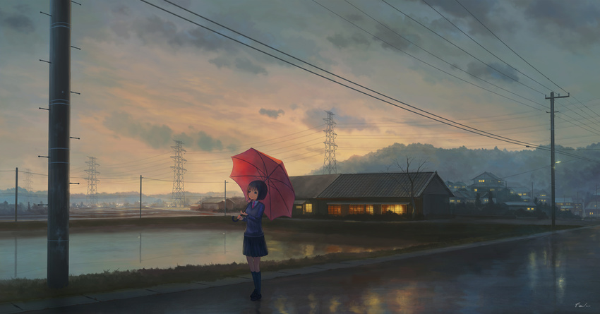bare_tree blue_legwear brown_footwear city cloud cloudy_sky collared_shirt feel_(nasitaki) highres holding holding_umbrella house kneehighs long_sleeves necktie original pleated_skirt power_lines scenery school_uniform shirt shoes short_hair signature skirt sky solo standing sweater telephone_pole transmission_tower tree umbrella very_wide_shot wet_pavement white_shirt