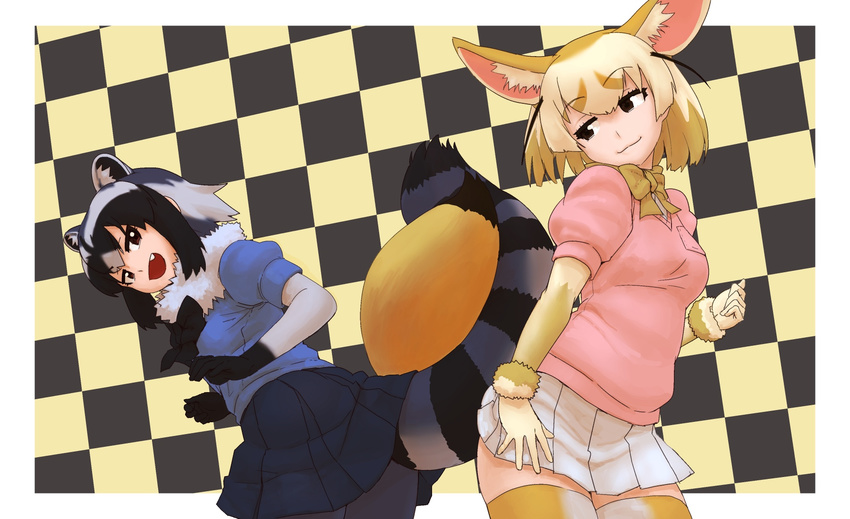 :3 animal_ears arm_at_side black_eyes black_hair blonde_hair bow bowtie brown_eyes checkered checkered_background closed_mouth commentary common_raccoon_(kemono_friends) cowboy_shot eyebrows_visible_through_hair fang fennec_(kemono_friends) fox_ears fox_tail fur_collar gloves grey_hair half-closed_eyes hand_up hands_up highres intertwined_tails kemono_friends looking_at_another looking_back multicolored_hair multiple_girls open_mouth pink_sweater raccoon_ears raccoon_tail short_hair short_sleeves skirt smile standing striped_tail sweater tail thighhighs wokue zettai_ryouiki