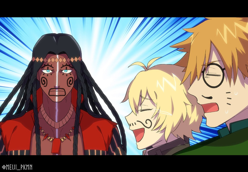 antenna_hair billy_the_kid_(fate/grand_order) blonde_hair braid closed_eyes facepaint facing_another fate/extra fate/grand_order fate_(series) geronimo_(fate/grand_order) green_eyes jewelry long_hair looking_at_viewer male_focus meiji_ken multiple_boys native_american necklace orange_hair robin_hood_(fate) short_hair sweat twitter_username