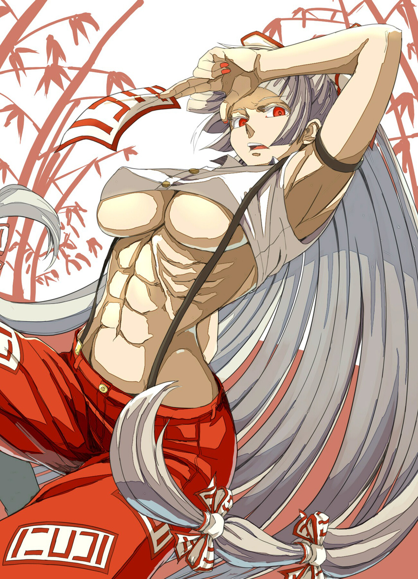 abs arched_back arm_up armpits bangs blunt_bangs bow breasts collared_shirt commentary_request covered_nipples crop_top cropped_shirt d: fujiwara_no_mokou grey_hair hair_bow hair_ribbon highres hips holding huge_breasts long_hair looking_at_viewer midriff muscle muscular_female nail_polish navel no_bra ofuda ofuda_on_clothes open_mouth pants red_eyes red_nails red_pants ribbon ribs shirt sleeveless sleeveless_shirt solo stomach suspenders touhou underboob upper_body very_long_hair white_shirt wing_collar yostel