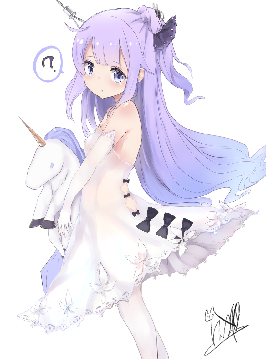 ? absurdres azur_lane bangs bare_shoulders black_bow black_ribbon blush bow dress elbow_gloves eyebrows_visible_through_hair gloves hair_bun hair_ribbon headgear highres holding holding_stuffed_animal kafuu_kaya long_hair looking_at_viewer looking_to_the_side one_side_up pantyhose parted_lips purple_eyes purple_hair ribbon side_bun signature simple_background solo spoken_question_mark strapless strapless_dress stuffed_animal stuffed_toy stuffed_unicorn unicorn_(azur_lane) very_long_hair white_background white_dress white_gloves white_legwear