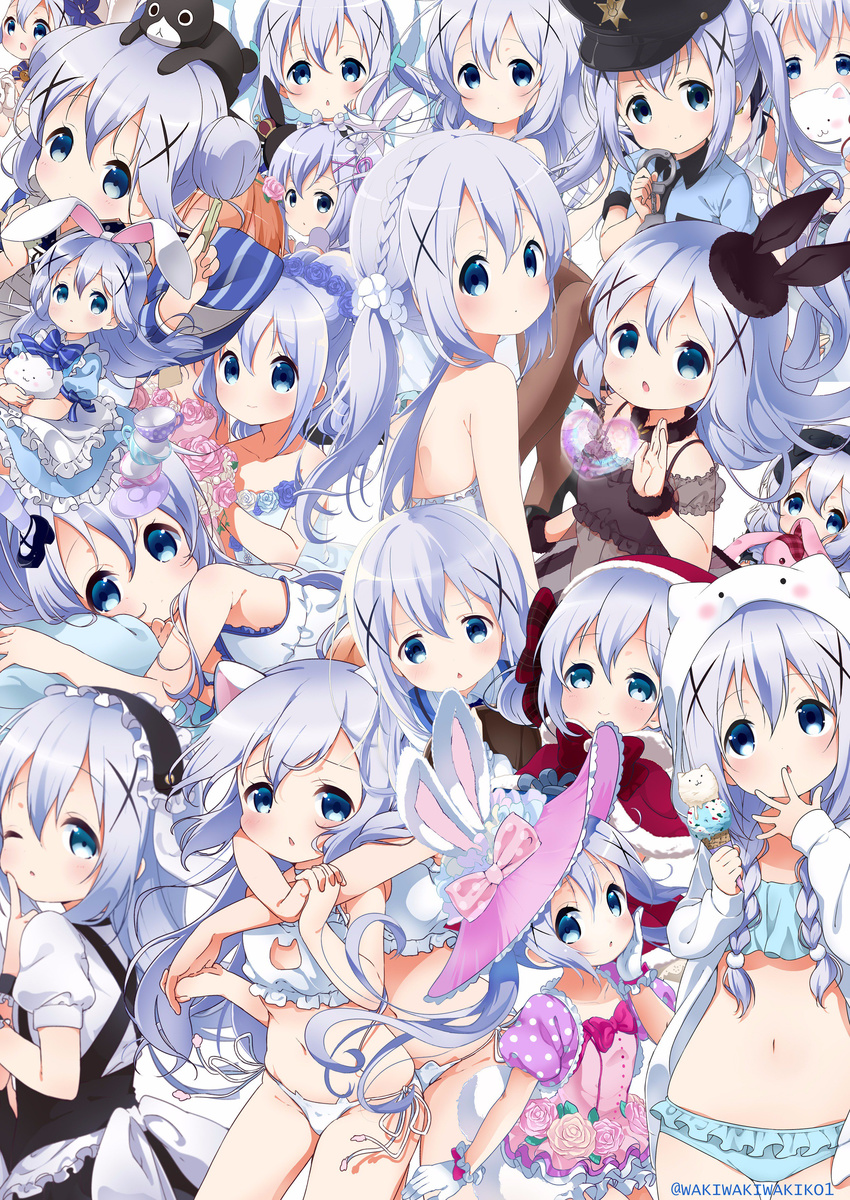 :&lt; :3 :o absurdres alternate_costume alternate_hairstyle ama_usa_an_uniform angora_rabbit animal animal_ears animal_hood animal_on_head anko_(gochiusa) annotated apron arms_around_neck bare_back blue_eyes blue_hair blush blush_stickers bouquet bow braid bunny bunny_hood bunny_on_head buttons capelet cat_lingerie chemise chestnut_mouth cleavage_cutout collage collar collarbone commentary_request crown cuffs cup diagonal_stripes double_bun dress eyelashes fake_animal_ears fleur_de_lapin_uniform flower food frown gloves gochuumon_wa_usagi_desu_ka? hair_between_eyes hair_flower hair_ornament hairband hand_on_own_cheek hand_on_own_face handcuffs hat hat_bow high_heels highres holding holding_animal hood hoto_cocoa ice_cream ice_cream_cone index_finger_raised jouga_maya kafuu_chino lace lace-trimmed_panties lace_trim leaf light_smile long_hair long_sleeves looking_at_viewer looking_back low_twintails lying magical_girl maid_headdress meme_attire mini_crown multiple_girls multiple_persona navel neck_ribbon neki_(wakiko) on_head on_side one_eye_closed open_mouth orange_hair panties pantyhose pillow police police_uniform polka_dot puffy_short_sleeves puffy_sleeves rabbit_house_uniform ribbon rose saucer short_sleeves smile striped striped_legwear stuffed_toy tareme teacup tippy_(gochiusa) triangle_mouth twin_braids twintails twitter_username underwear uniform waist_apron x_hair_ornament yellow_eyes