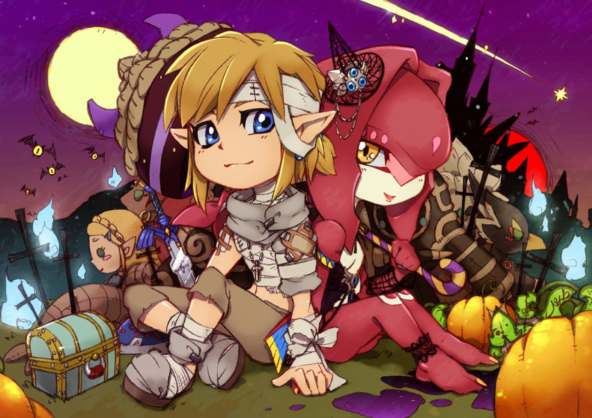 blonde_hair blush chibi fins fish_girl hair_ornament halloween jewelry kandori_makoto link long_hair looking_at_viewer mipha monster_girl moon multicolored multicolored_skin no_eyebrows pointy_ears princess_zelda pumpkin red_hair red_skin revali rito smile the_legend_of_zelda the_legend_of_zelda:_breath_of_the_wild yellow_eyes zora