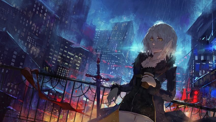 against_railing bangs black_dress city cityscape coat cowboy_shot cross cross_necklace cup dress fate/grand_order fate_(series) full-length_zipper fur-trimmed_coat fur_trim hair_between_eyes holding jacket jeanne_d'arc_(alter)_(fate) jeanne_d'arc_(fate)_(all) jewelry kuroduki_(pieat) long_sleeves looking_at_viewer necklace night outdoors parted_lips railing rain short_dress short_hair silver_hair smile solo sword weapon wet wet_clothes wicked_dragon_witch_ver._shinjuku_1999 yellow_eyes zipper