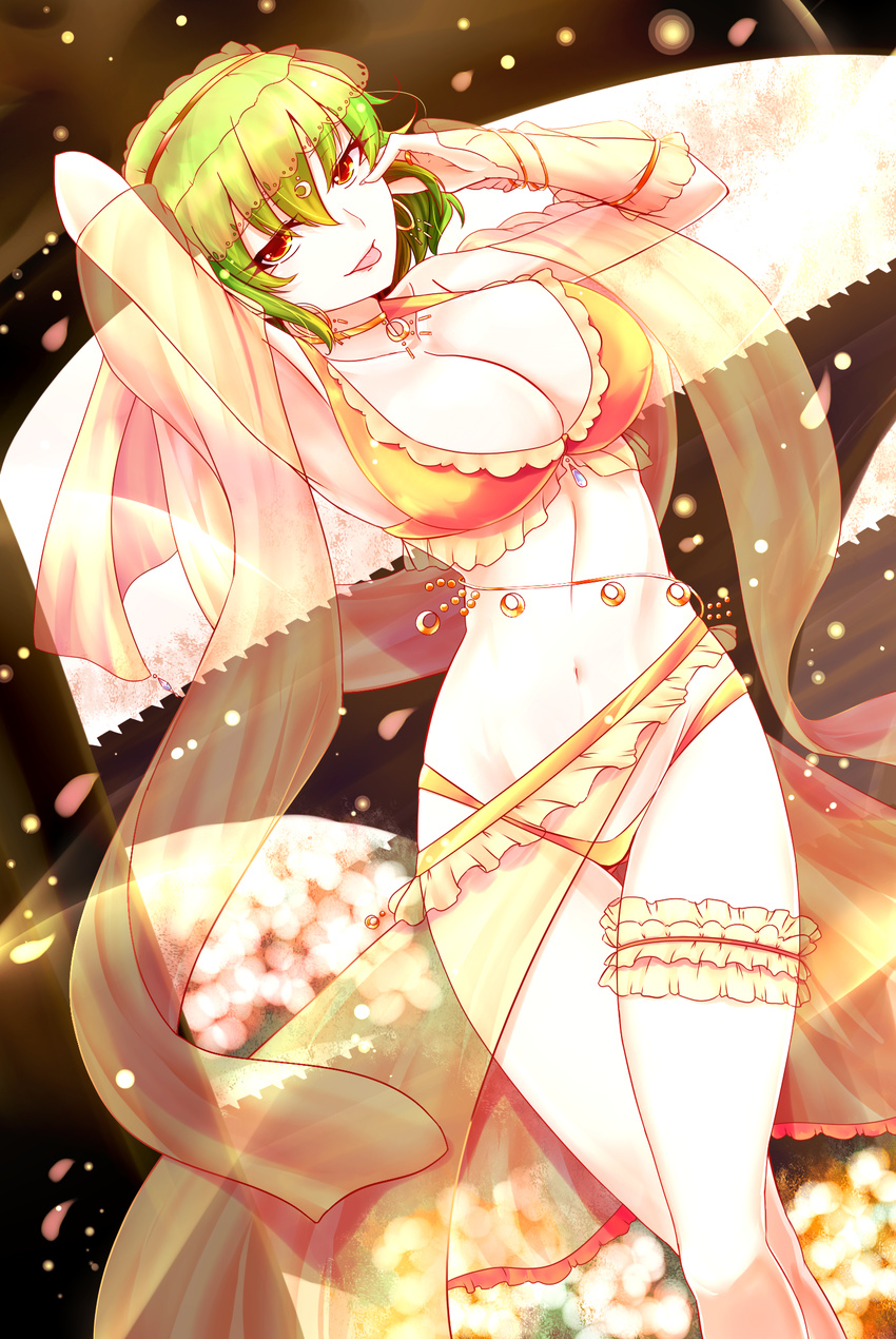 arm_up armpits breasts cleavage collarbone commentary_request cosplay cowboy_shot dancer earrings fate/grand_order fate_(series) green_hair highres hoop_earrings itocoh jewelry kazami_yuuka large_breasts looking_at_viewer mata_hari_(fate/grand_order) mata_hari_(fate/grand_order)_(cosplay) neck_ring red_eyes revealing_clothes shawl short_hair smile solo tongue tongue_out touhou veil