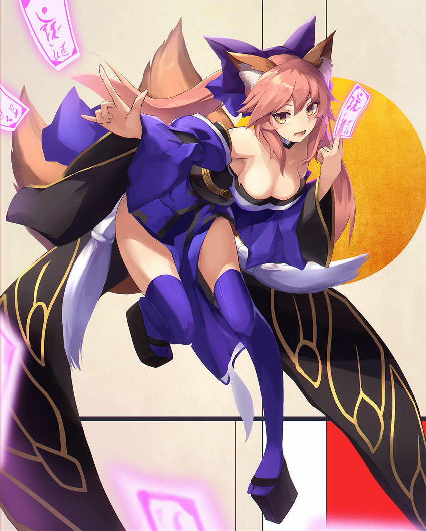 animal_ears armpits bangs bare_shoulders blue_legwear blush breasts cleavage clog_sandals commentary_request detached_sleeves eruthika fate/extra fate_(series) fox_ears fox_tail full_body hair_ribbon highres japanese_clothes large_breasts leaning_forward long_sleeves looking_at_viewer multiple_tails obi ofuda parted_lips pink_hair ribbon sash smile solo tail tamamo_(fate)_(all) tamamo_no_mae_(fate) thighhighs wide_sleeves yellow_eyes