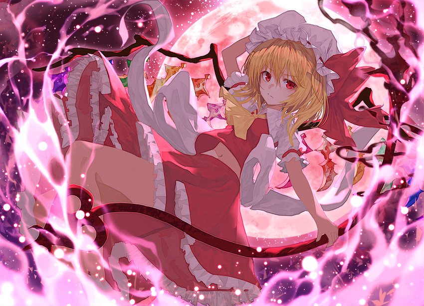 arm_up ascot bare_arms blonde_hair closed_mouth flandre_scarlet frilled_skirt frills full_moon hair_between_eyes hat hat_ribbon laevatein lo-ta long_hair looking_at_viewer midriff mob_cap moon navel outdoors red_eyes red_moon red_ribbon red_skirt ribbon short_sleeves skirt skirt_set solo touhou vest white_hat wings