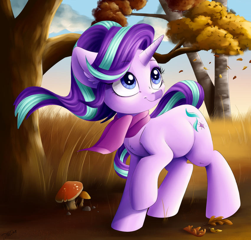 2017 absurd_res autumn blue_eyes chest_tuft cloud cutie_mark equine eyebrows eyelashes faline-art female friendship_is_magic fur grass hair hi_res horn leaves mammal multicolored_hair mushroom my_little_pony rock scarf sky smile solo solo_focus starlight_glimmer_(mlp) tree tuft two_tone_hair unicorn windy