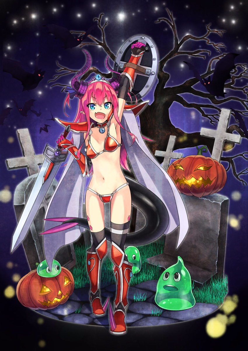 :d akamiso_(k074510) arm_up armor armpits bat bikini_armor black_gloves black_legwear blue_eyes breasts choker dragon_horns dragon_tail elbow_gloves elizabeth_bathory_(brave)_(fate) elizabeth_bathory_(fate) elizabeth_bathory_(fate)_(all) fang fate/grand_order fate_(series) gauntlets gloves grass highres holding holding_shield holding_sword holding_weapon horns jack-o'-lantern long_hair navel night open_mouth pauldrons pointy_ears purple_hair red_choker shield slime_(dragon_quest) small_breasts smile stone_walkway sword tail teeth thighhighs tiara tombstone tree weapon