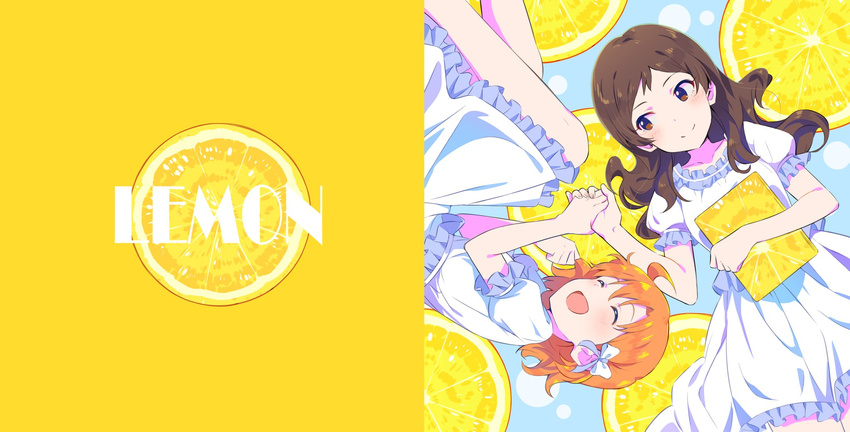 bad_id bad_pixiv_id blush brown_eyes brown_hair closed_eyes closed_mouth collarbone eyebrows_visible_through_hair facing_another food fruit highres idolmaster idolmaster_million_live! kitazawa_shiho lemon lemon_slice long_hair looking_at_another multiple_girls open_mouth puffy_short_sleeves puffy_sleeves red10 short_hair short_sleeves smile yabuki_kana