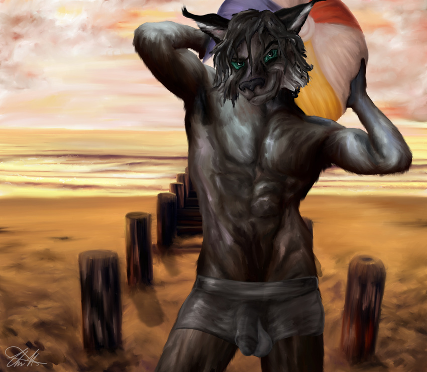 2015 5_fingers abs anthro athletic ball balls beach beach_ball black_nose black_penis boxers_(clothing) brown_fur brown_hair clothing erection eyebrows feline fur green_eyes hair holding_object humanoid_penis hybrid killian killianwalker looking_at_viewer lynx male mammal muscular nude penis pose precum sand seaside seductive sky smile smirk solo standing sunset underwear wardrobe_malfunction water