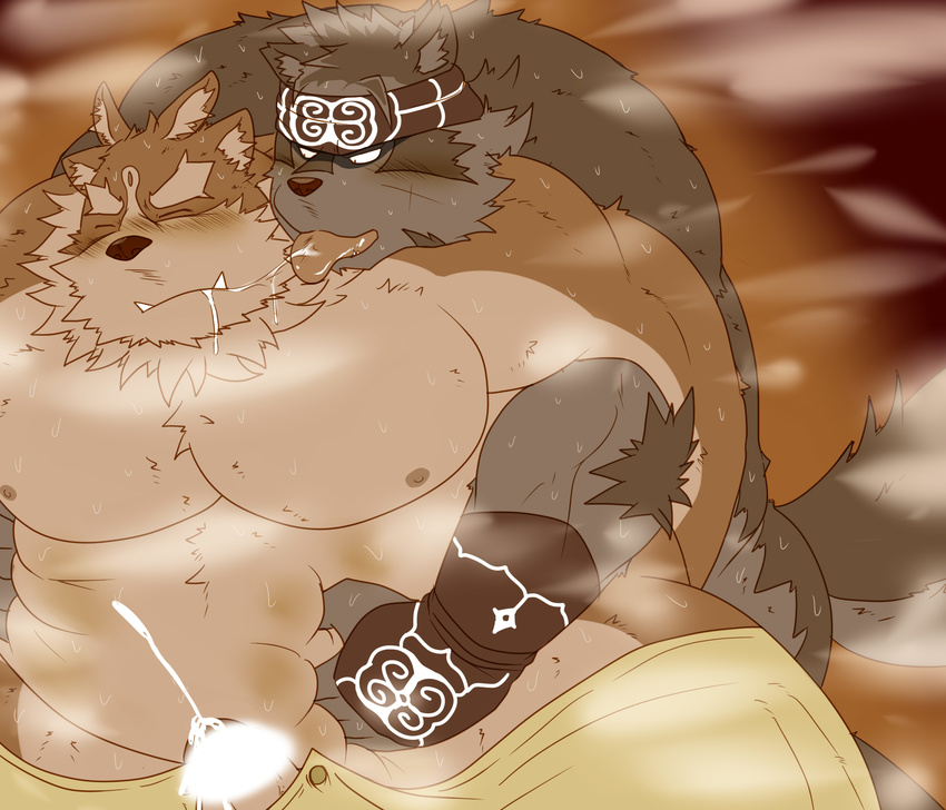 anthro belly big_belly blush canine cum ejaculation erection eyes_closed horkeukamui humanoid_penis kemono male male/male mammal multi_ear nude obese open_mouth orgasm overweight penis saliva saliva_string third_eye tokyo_afterschool_summoners tongue tongue_out tsathoggua wolf 岩頭岩_(artist)