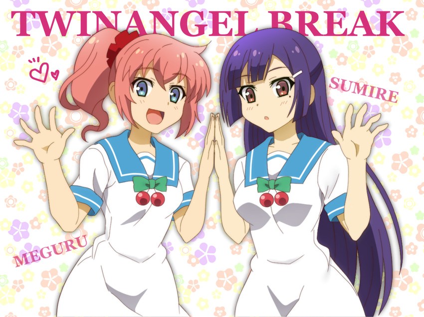 :d :o amatsuki_meguru brown_eyes character_name cherry copyright_name english food fruit hair_ornament hairclip hands_together heart kisaragi_sumire long_hair mole mole_under_eye multiple_girls onomekaman open_mouth palms_together pink_hair ponytail purple_hair sailor_collar school_uniform smile twin_angel twin_angel_break white_uniform