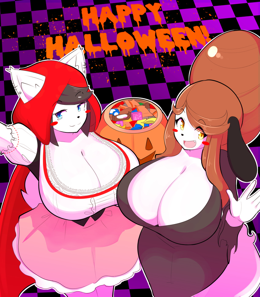 2017 big_breasts black_fur blush breasts brown_hair candy canine cleavage clothed clothing cute daughter dog dress duo female food fur hair halloween holidays holly_applebee huge_breasts maggie_applebee mammal mature_female mother parent theycallhimcake white_fur