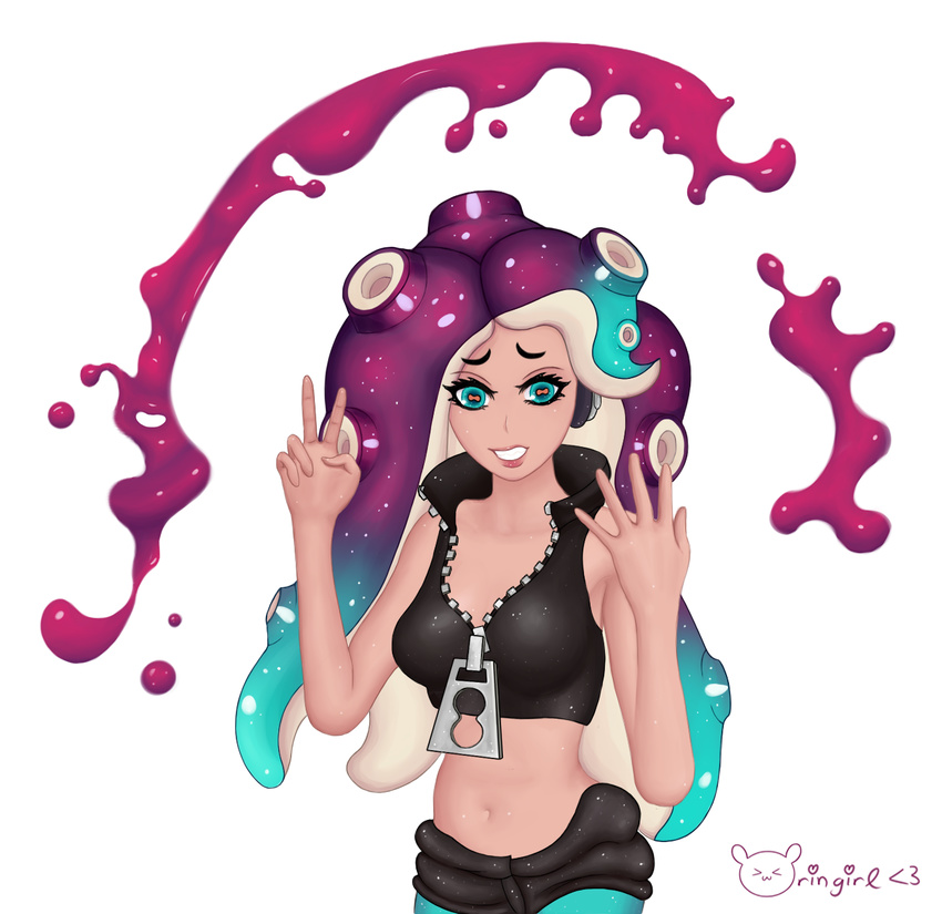 alternate_skin_color aqua_hair aqua_legwear bad_anatomy bare_arms bare_shoulders black_shorts black_skirt breasts commentary dark_skin eyelashes green_eyes headphones highres iida_(splatoon) inkling long_hair mole mole_under_mouth multicolored_hair octarian painting pantyhose pantyhose_under_shorts pink_pupils purple_hair rin-girl self_upload shirt shorts simple_background skirt sleeveless sleeveless_shirt smile solo splatoon_(series) splatoon_2 spread_fingers standing suction_cups teeth tentacle_hair two-tone_hair unzipped v white_background zipper