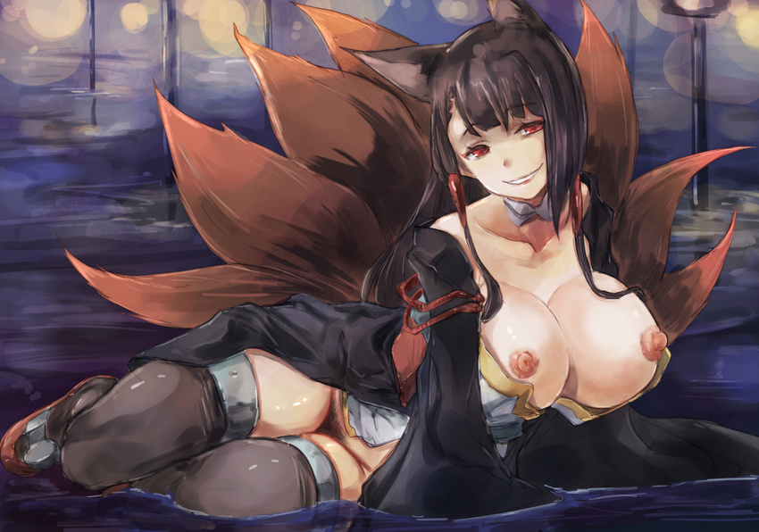 akagi_(azur_lane) animal_ears azur_lane breasts brown_hair cleavage collarbone eyeliner fox_ears fox_tail grin hair_tubes huge_nipples japanese_clothes large_breasts long_hair looking_at_viewer lying makeup moderate_pubic_hair multiple_tails nipples no_panties off_shoulder on_side partially_submerged pubic_hair red_eyes smile solo tail thighhighs wide_sleeves yohane