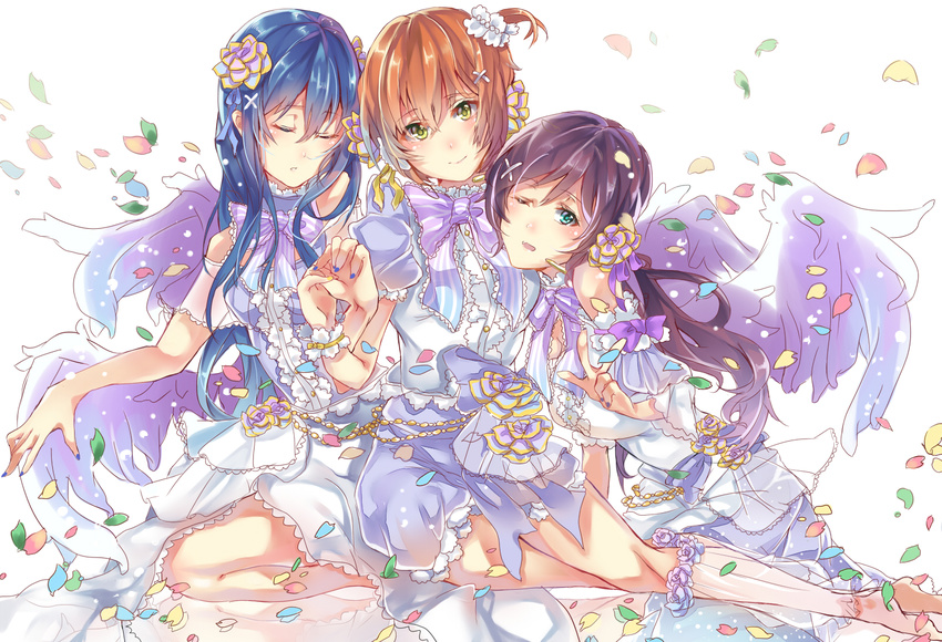 blue_hair closed_eyes closed_mouth commentary dress flower green_eyes hair_between_eyes hair_flower hair_ornament highres hoshizora_rin lily_white_(love_live!) long_hair looking_at_viewer love_live! love_live!_school_idol_festival love_live!_school_idol_project multiple_girls nail_polish one_side_up open_mouth orange_hair petals purple_hair short_hair simple_background sitting smile sonoda_umi takitou toujou_nozomi white_background white_dress wings yellow_eyes